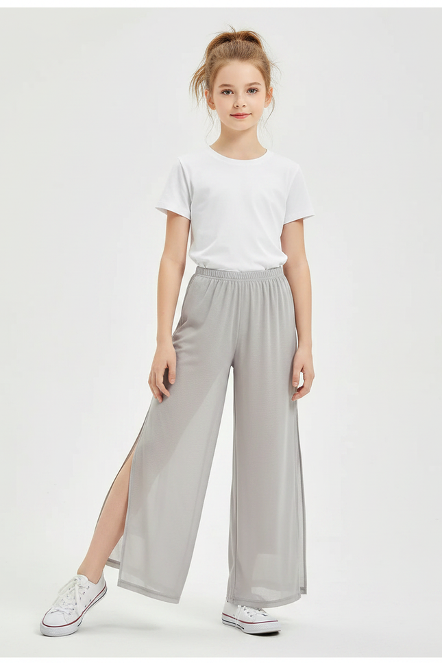 Pantalon Gris Fluide Ample Fendu Léger Fille - Polyester