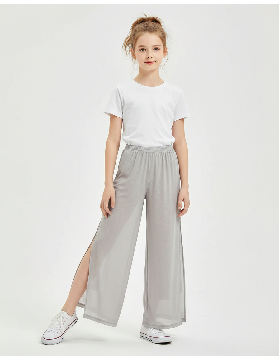 Pantalon Gris Fluide Ample Fendu Léger Fille - Polyester