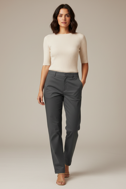 Pantalon Gris Droit Coton Décontracté Femme