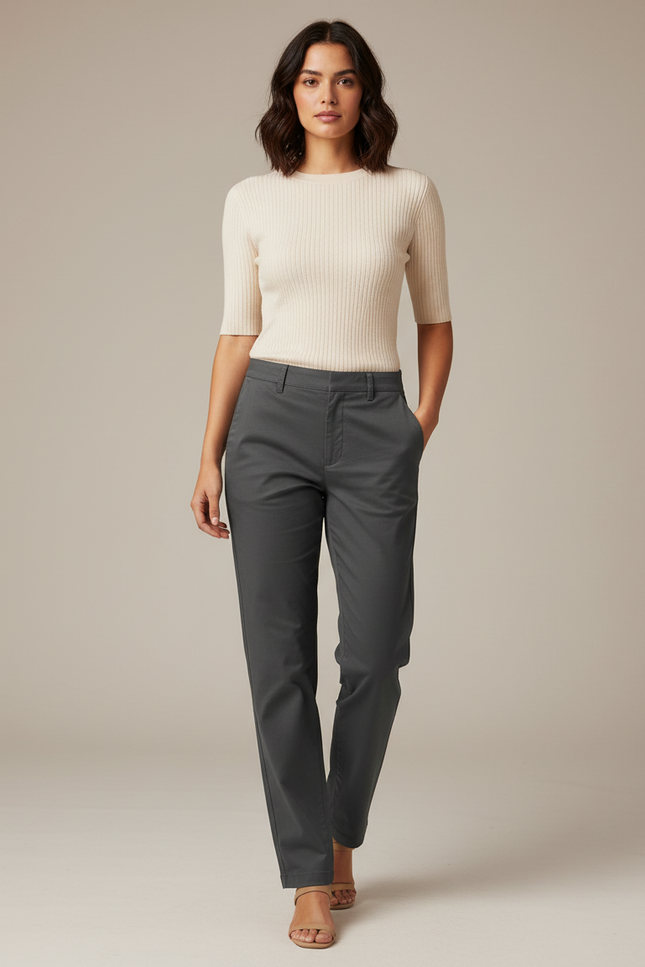 Pantalon Gris Droit Coton Décontracté Femme