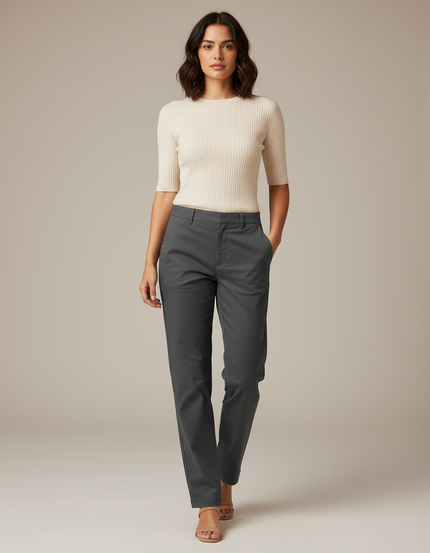 Pantalon Gris Droit Coton Décontracté Femme