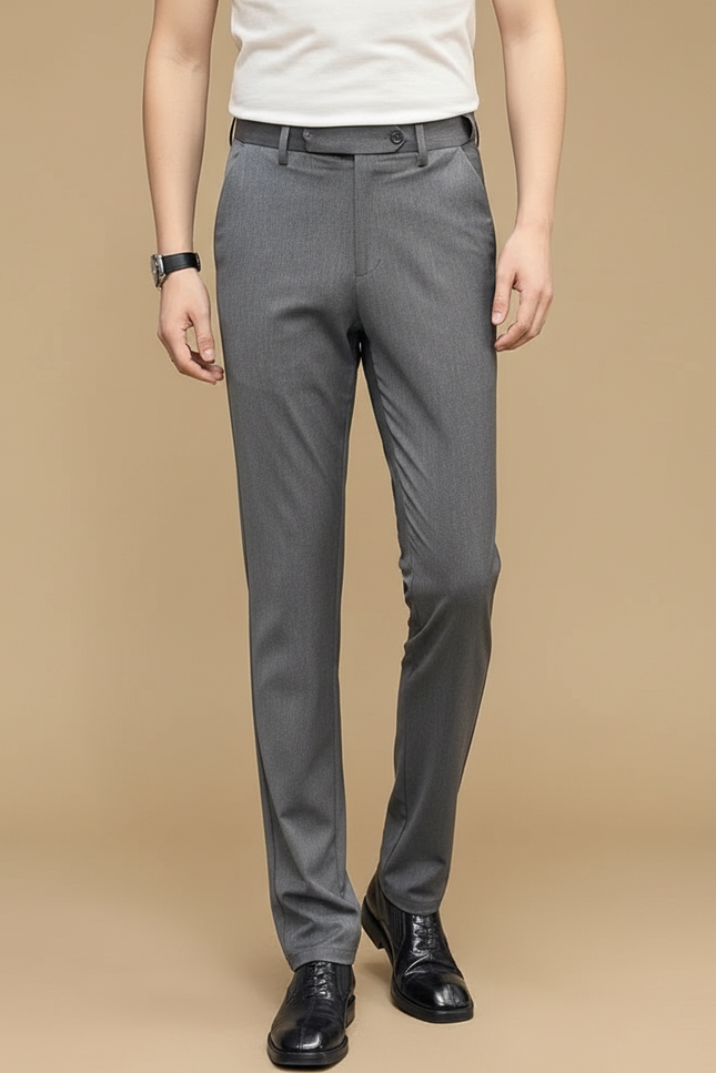 Pantalon Gris Classique Élégant Droit Homme Business - Gabardine
