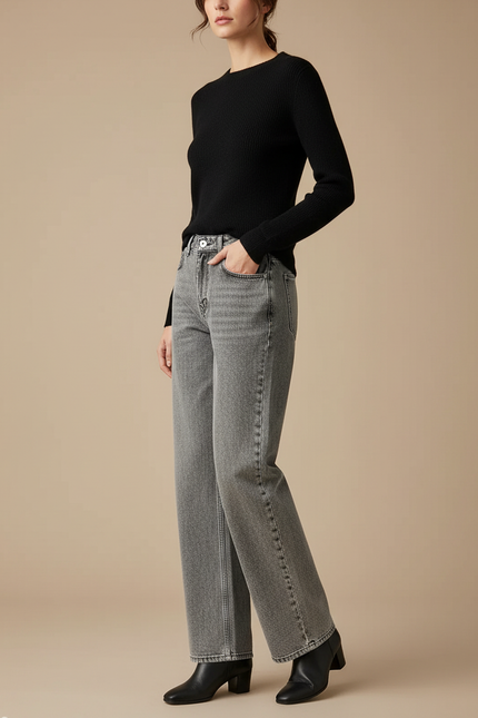 Pantalon Gris Jean Large Délavé Taille Haute Femme
