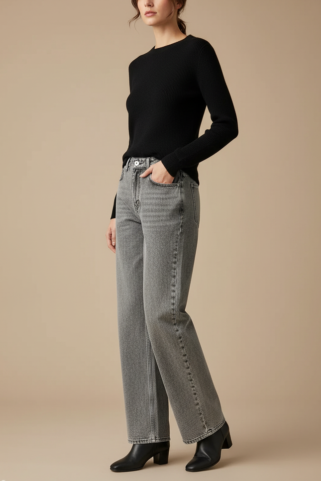 Pantalon Gris Jean Large Délavé Taille Haute Femme