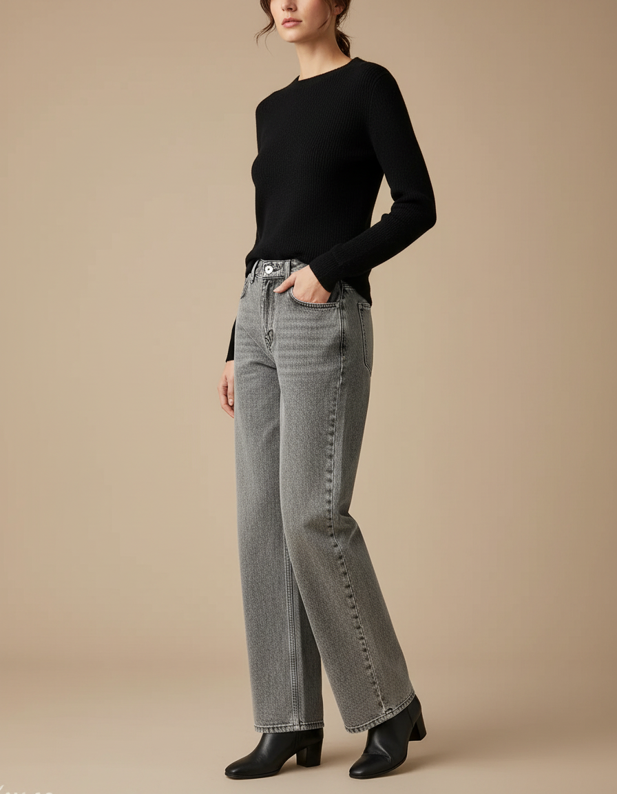 Pantalon Gris Jean Large Délavé Taille Haute Femme