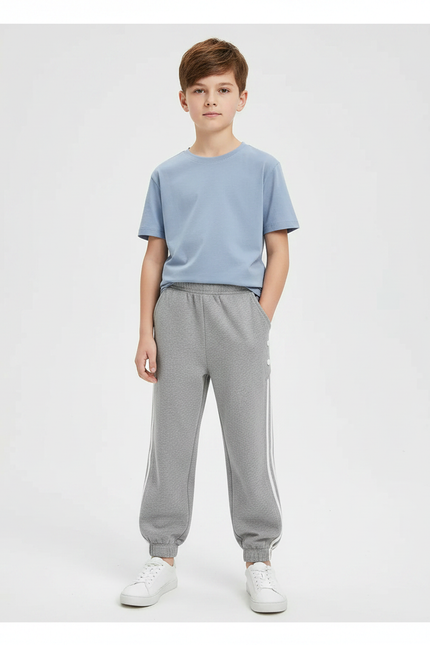 Pantalon Gris Molletonné Décontracté Enfant Rayures Blanches