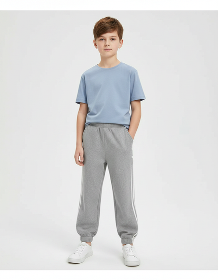 Pantalon Gris Molletonné Décontracté Enfant Rayures Blanches