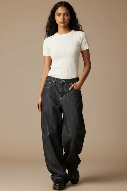 Pantalon Gris Jean Large Ample Femme Y2K