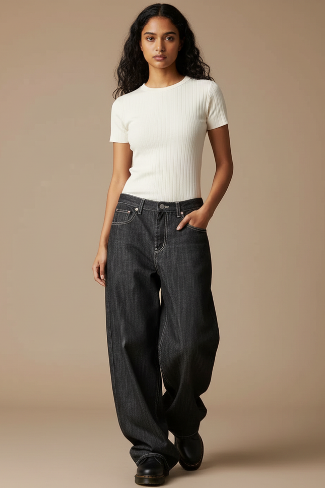 Pantalon Gris Jean Large Ample Femme Y2K