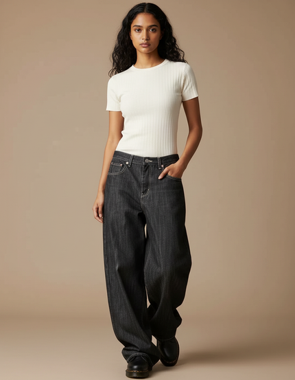 Pantalon Gris Jean Large Ample Femme Y2K