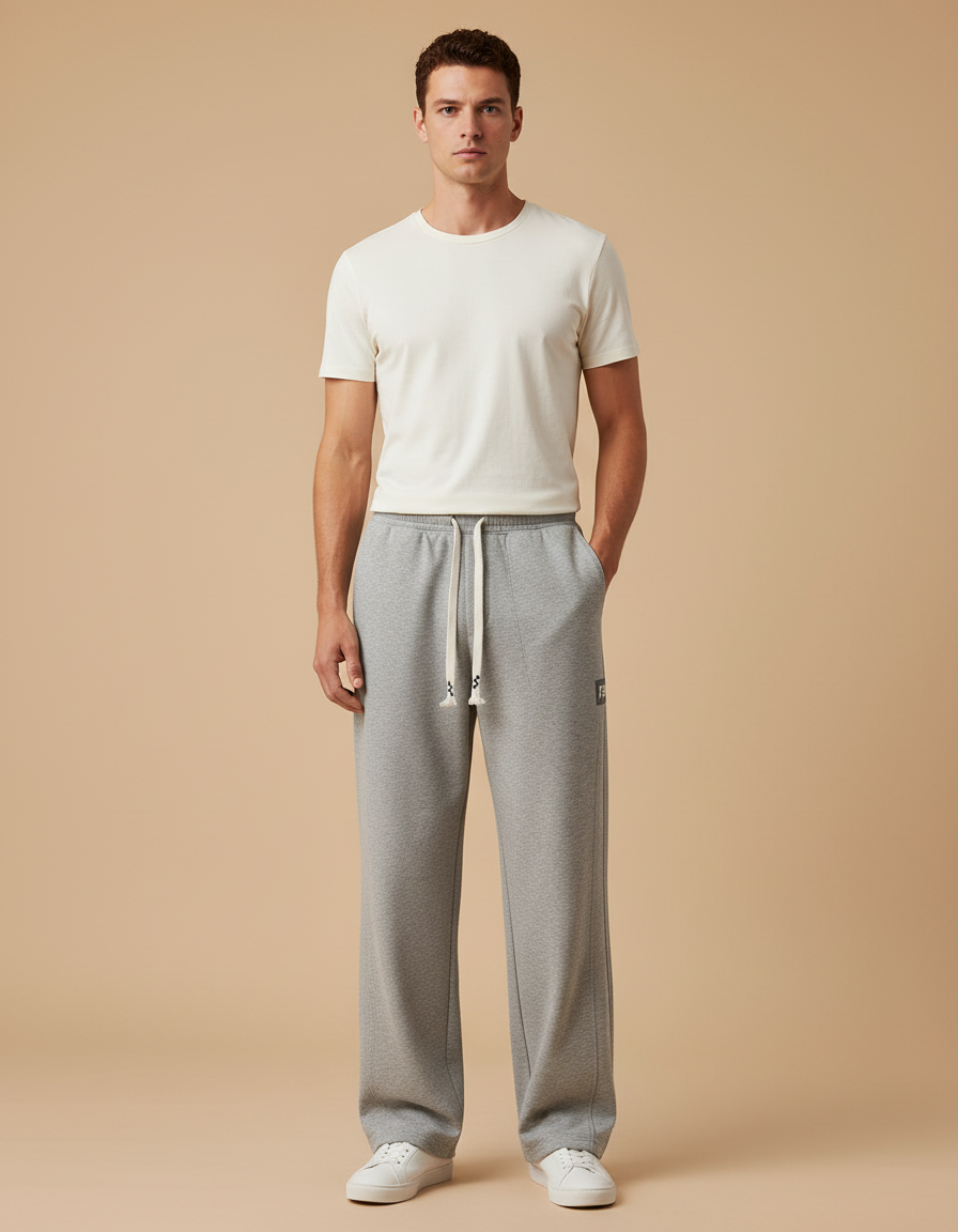 Pantalon Gris Ample Droit Molletonné Cordon Homme