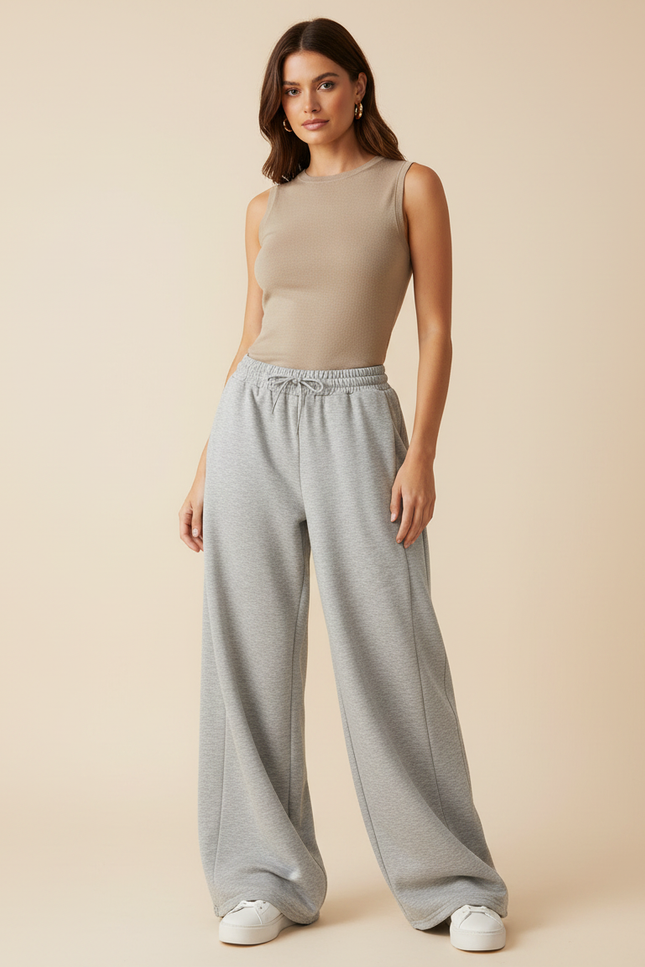 Pantalon Gris Ample Molletonné Cordon Décontracté