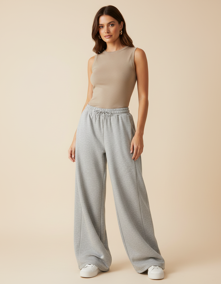 Pantalon Gris Ample Molletonné Cordon Décontracté