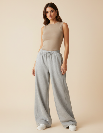 Pantalon Gris Ample Molletonné Cordon Décontracté