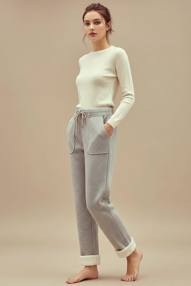 Pantalon Gris Molletonné Doublé Chaud Décontracté Femme