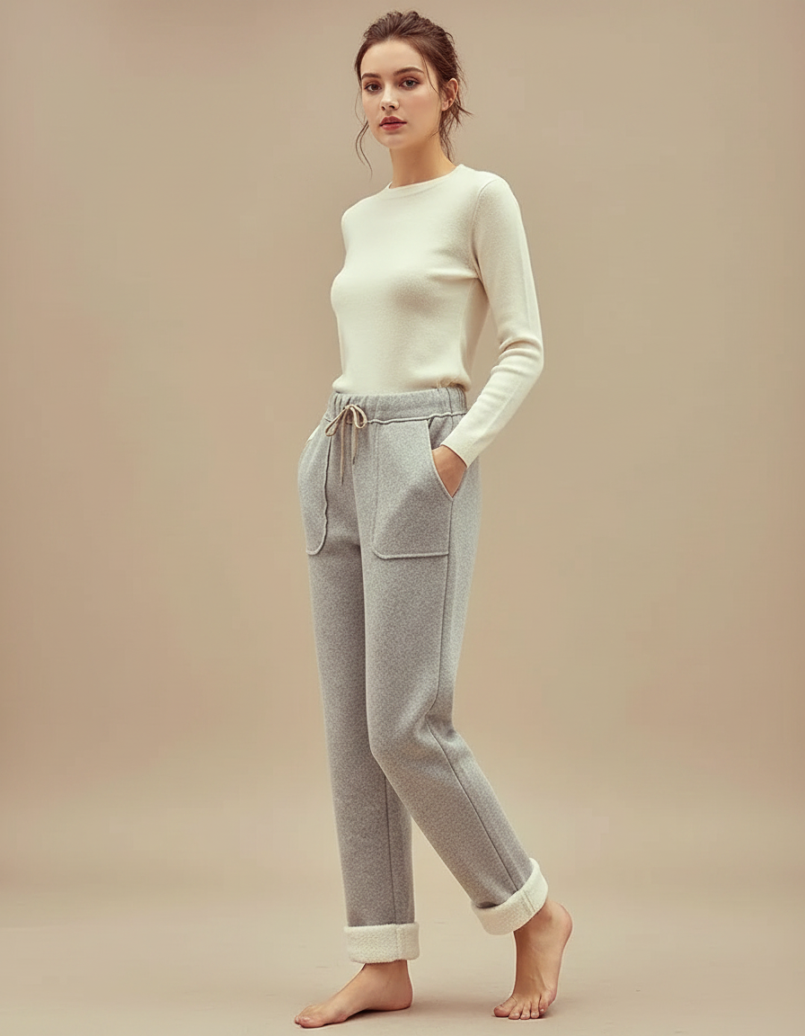 Pantalon Gris Molletonné Doublé Chaud Décontracté Femme