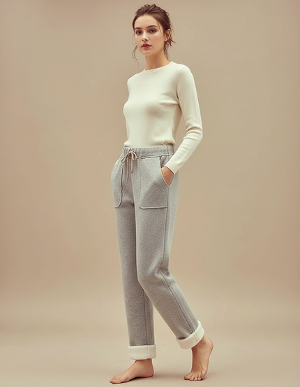 Pantalon Gris Molletonné Doublé Chaud Décontracté Femme