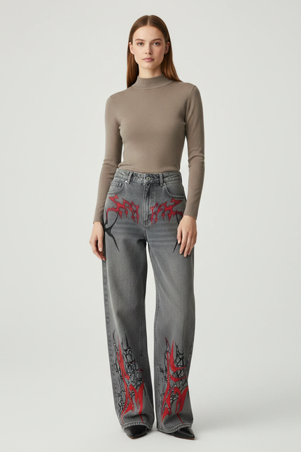 Pantalon Gris Jean Large Imprimé Flammes Gothique Y2K