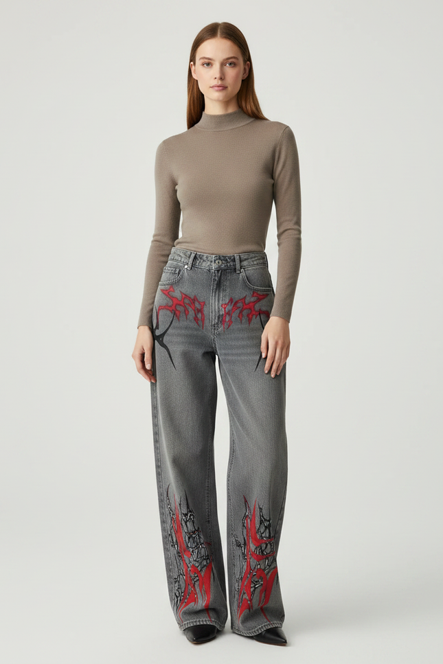 Pantalon Gris Jean Large Imprimé Flammes Gothique Y2K