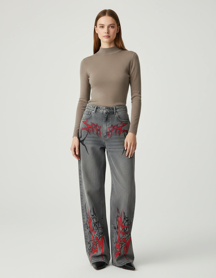 Pantalon Gris Jean Large Imprimé Flammes Gothique Y2K