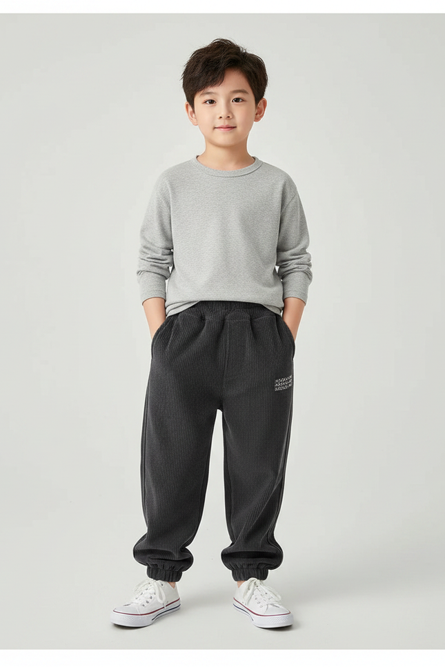Pantalon Gris Côtelé Jogging Garçon Confortable Doux - Cordé