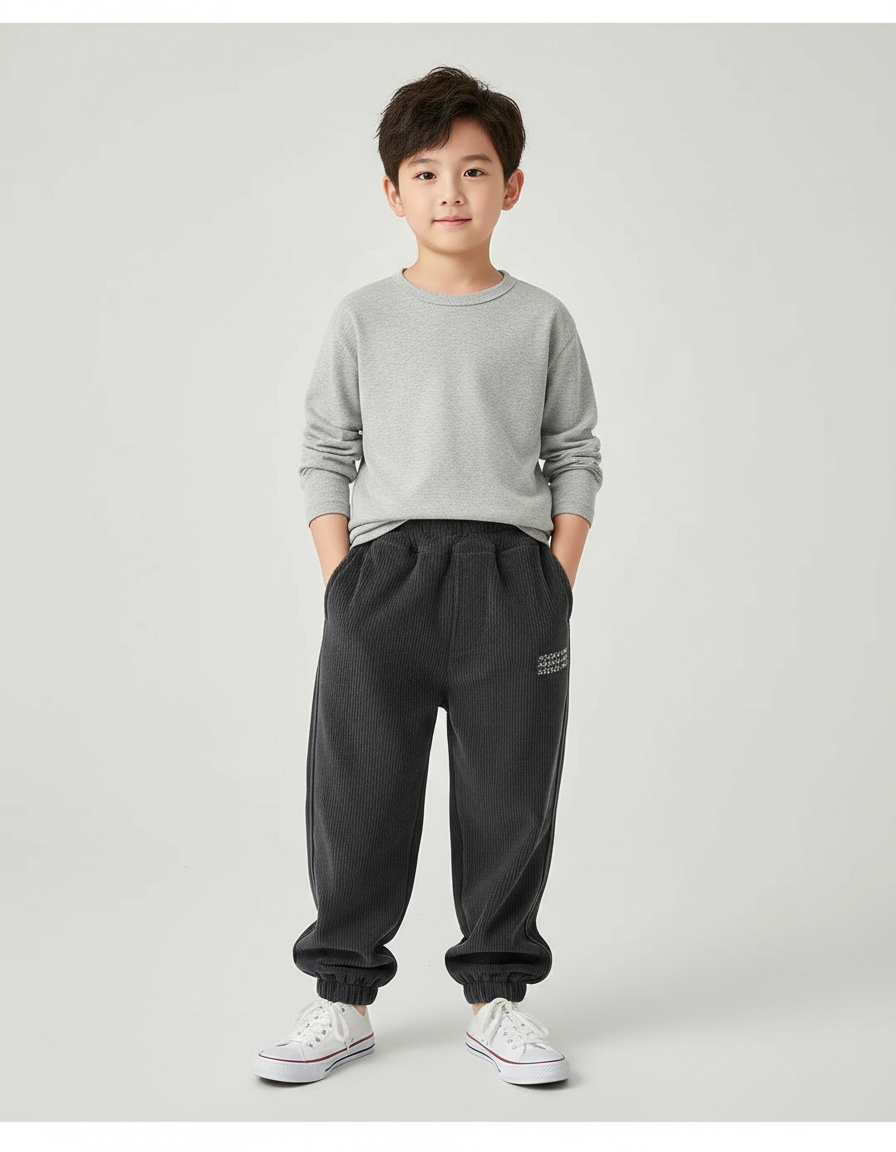 Pantalon Gris Côtelé Jogging Garçon Confortable Doux - Cordé