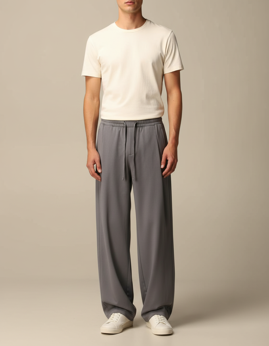 Pantalon Gris Large Fluide Décontracté Homme - Polyester