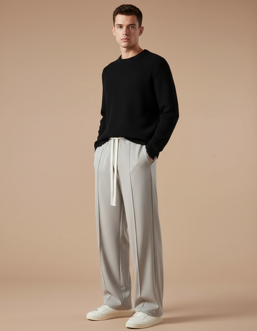 Pantalon Gris Droit Ample Décontracté Homme - Polyester