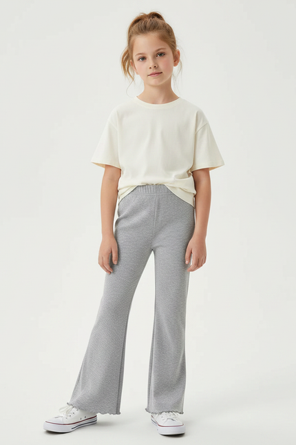 Pantalon Gris Évasé Côtelé Taille Haute Confortable - Maille