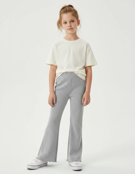 Pantalon Gris Évasé Côtelé Taille Haute Confortable - Maille