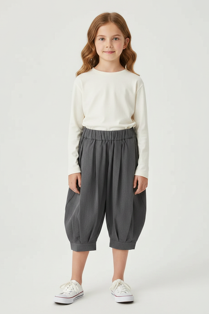 Pantalon Gris Enfant Plissé Ample Décontracté - Polyester