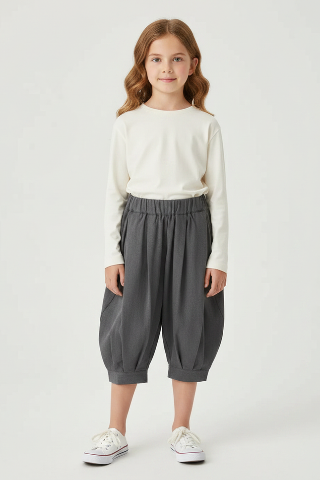 Pantalon Gris Enfant Plissé Ample Décontracté - Polyester