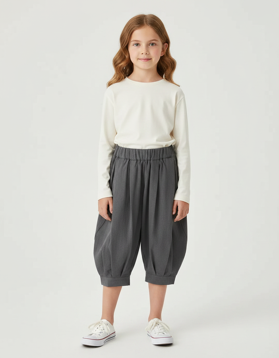 Pantalon Gris Enfant Plissé Ample Décontracté - Polyester