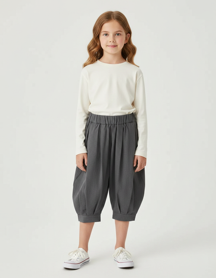 Pantalon Gris Enfant Plissé Ample Décontracté - Polyester