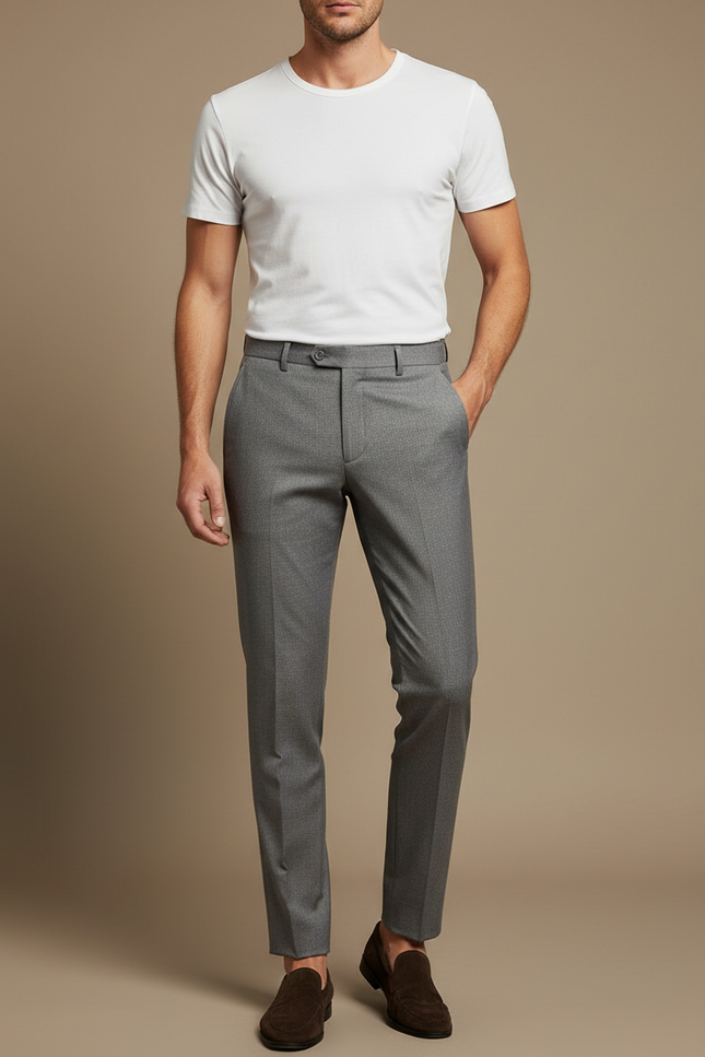Pantalon Gris Homme Slim Élégant Business Droit - Gabardine