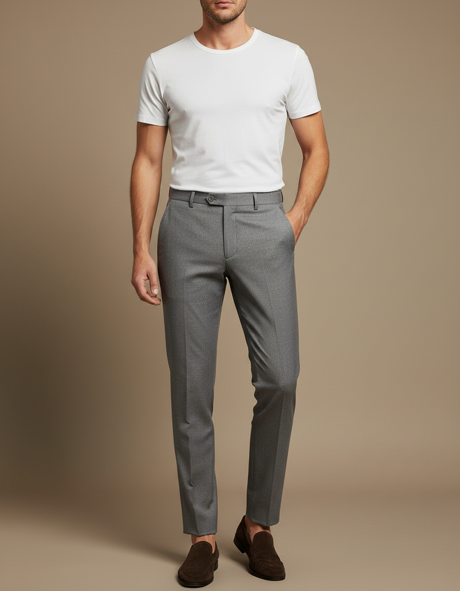Pantalon Gris Homme Slim Élégant Business Droit - Gabardine