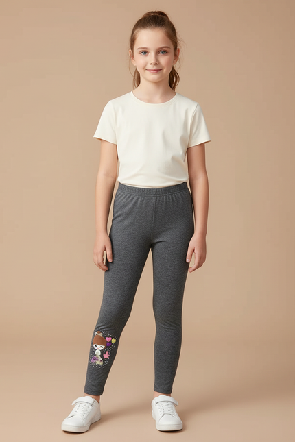 Pantalon Gris Enfant Slim Motif Dessin Animé Fille - Maille