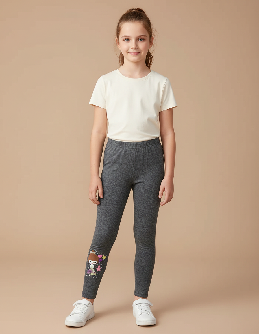 Pantalon Gris Enfant Slim Motif Dessin Animé Fille - Maille