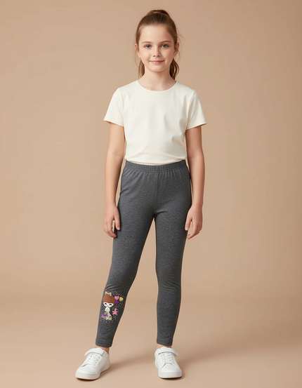 Pantalon Gris Enfant Slim Motif Dessin Animé Fille - Maille