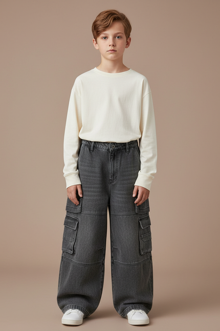 Pantalon Gris Denim Ample Cargo Enfant Garçon - Jean