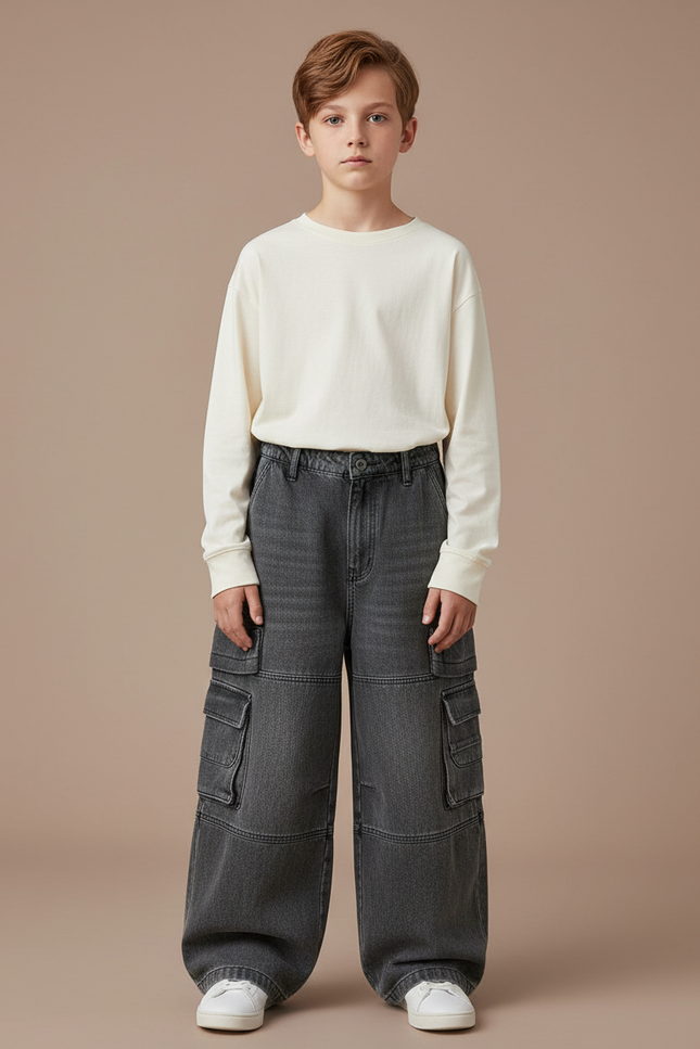 Pantalon Gris Denim Ample Cargo Enfant Garçon - Jean