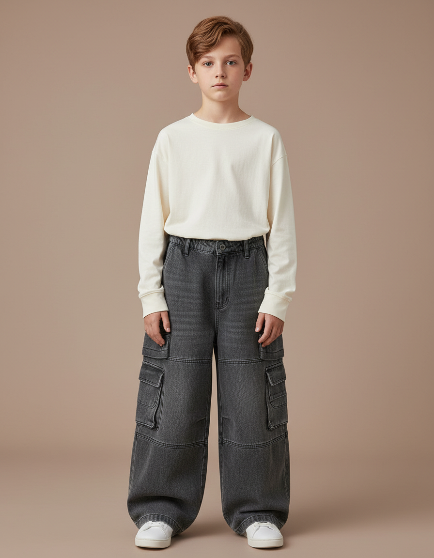 Pantalon Gris Denim Ample Cargo Enfant Garçon - Jean