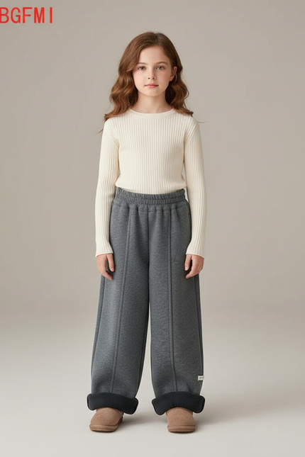 Pantalon Gris Ample Molletonné Doublé Chaud Fille