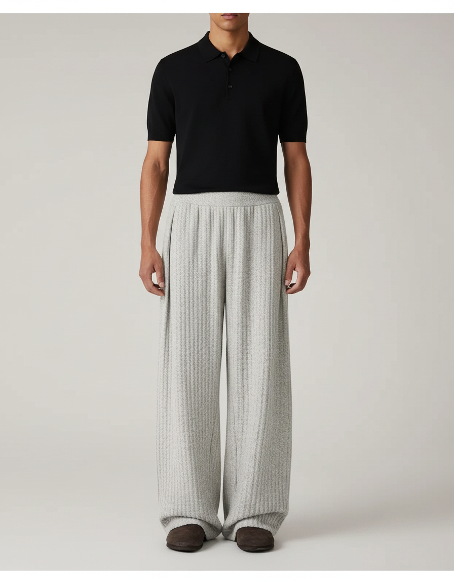 Pantalon Gris Large Plissé Décontracté Confortable Homme - Maille