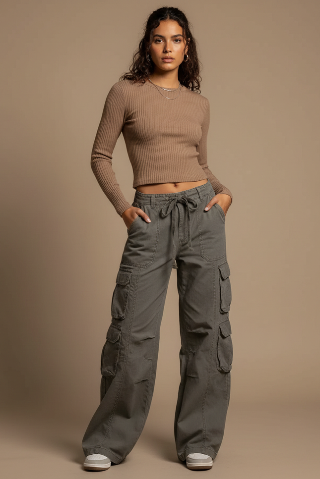 Pantalon Gris Cargo Ample Taille Basse Femme - Kaki Toile