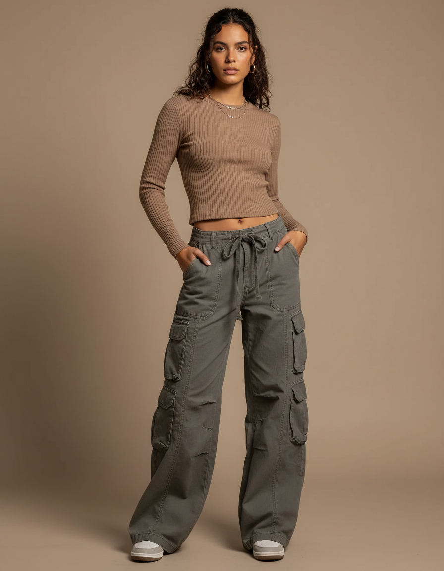 Pantalon Gris Cargo Ample Taille Basse Femme - Kaki Toile