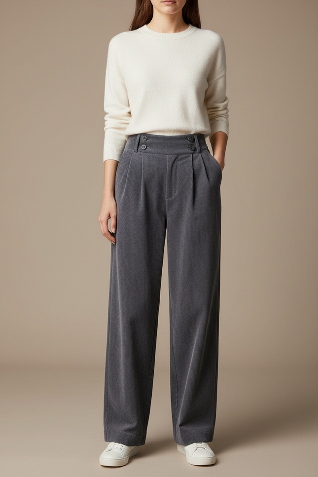 Pantalon Gris Côtelé Large Plissé Taille Haute - Cordé