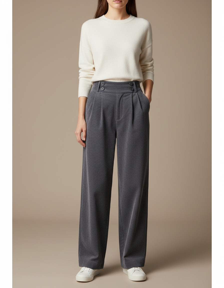 Pantalon Gris Côtelé Large Plissé Taille Haute - Cordé