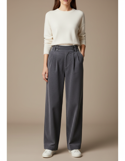 Pantalon Gris Côtelé Large Plissé Taille Haute - Cordé
