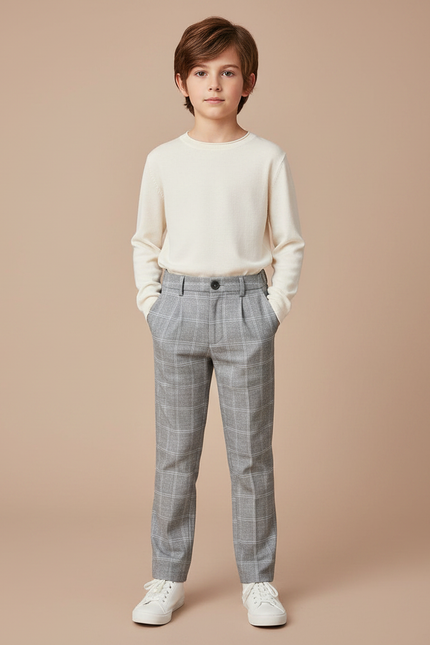 Pantalon Carotte Carreaux Gris - Laine